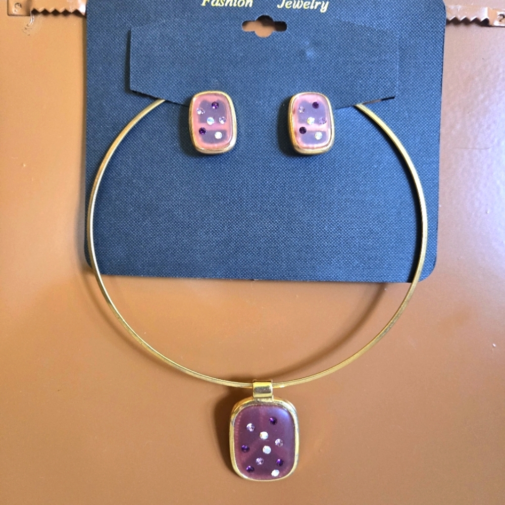 Pink with Muti-Colored Stones Necklace and Earrings Set